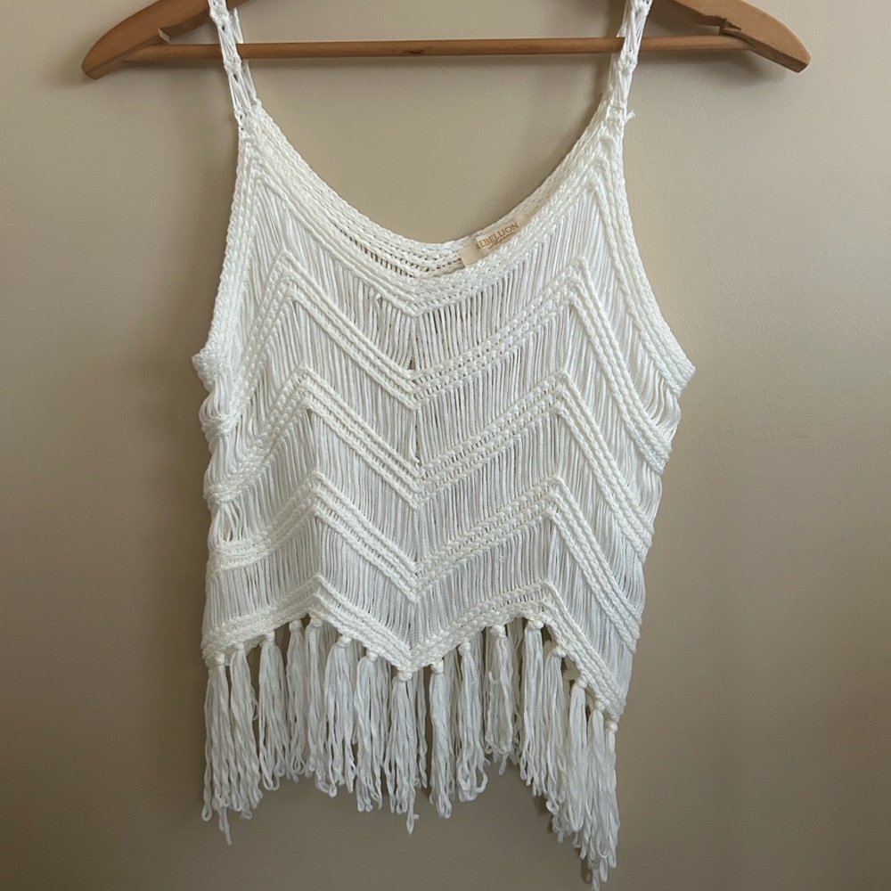 Rebellion Cream Cropped Crochet Fringe Camisole